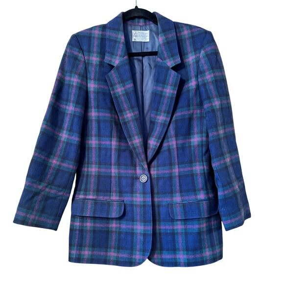 Pendleton Jackets & Blazers - Vintage Plaid Blazer Wool Blend Blue Purple Green Career Jacket